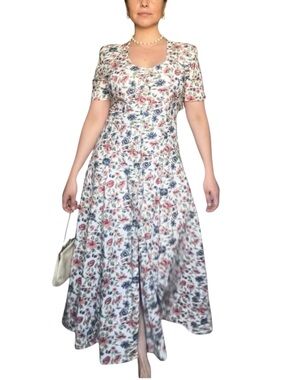 Vintage Floral Maxi Dress Pink Blue Rose Print Cotton Small